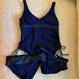 VENUS Dark Blue Polka Dots Three Piece Bathing Suit
Top is SZ 6 Bottoms SZ 4